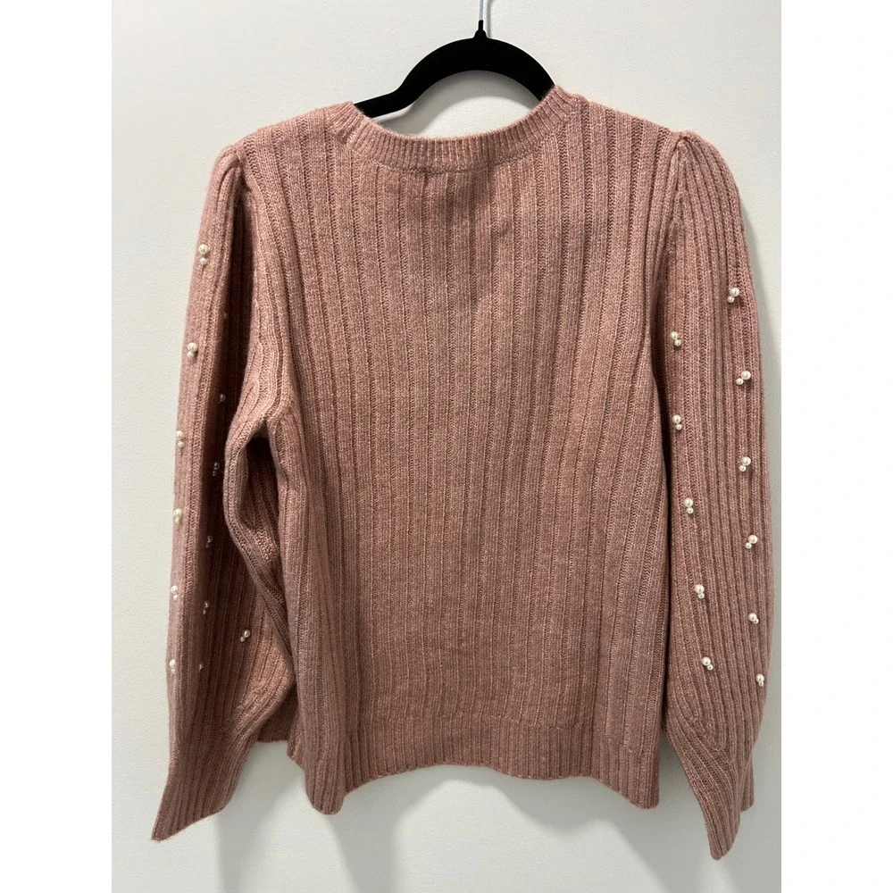 NWT Liz Claiborne Women Pearl Embellished Puff Sleeve Ribbed Knit Sweater Pink L